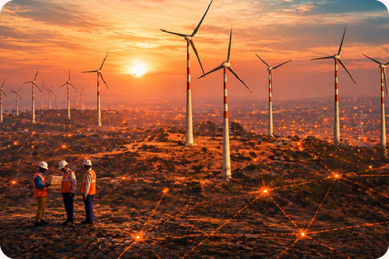 Engineers at a wind farm at sunset