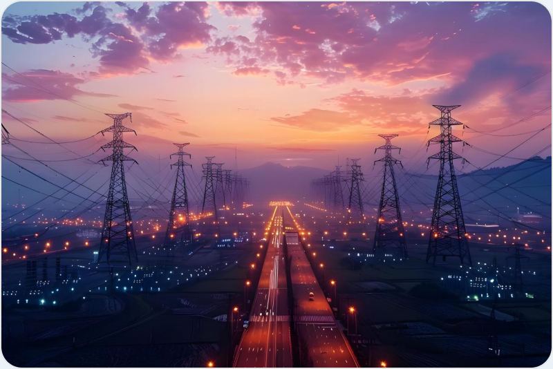 Transmission corridor lit up at dusk