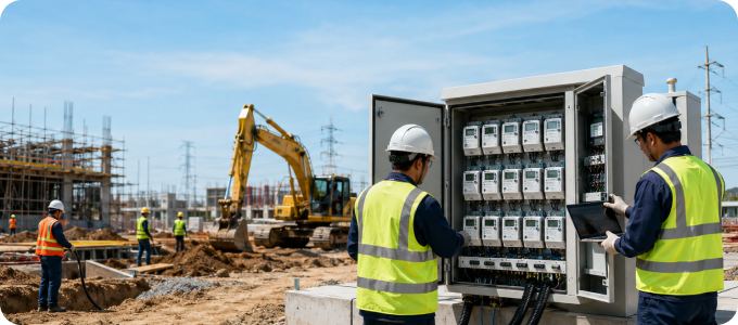 Engineers inspecting a smart meter panel on site